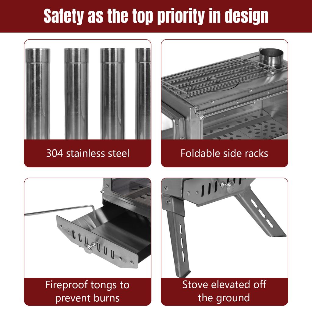 Portable Wood Burning Stove with Chimney Pipe Outdoor Heating Stove Rust Proof Fire Viewing Wood Stove for Travel Picnic