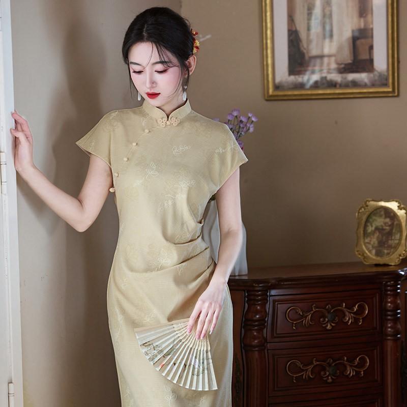 Yellow Modern Chinese Style Long Cheongsam Dress Women 2026 Vintage Short Sleeve High Waist Elegant Evening Gown