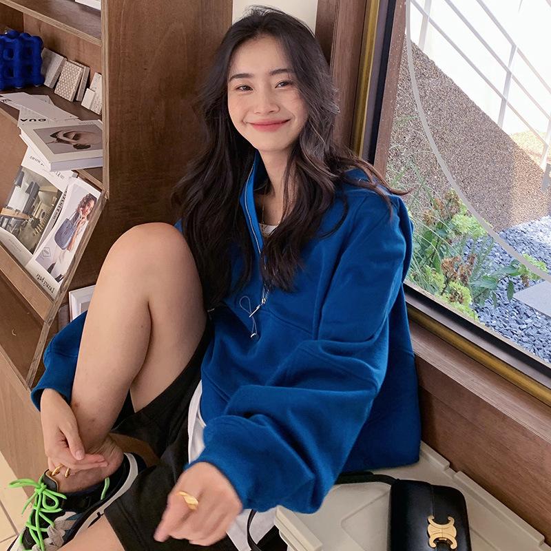 

Women s American Retro Blue Hooded Sweatshirt - Petite, Trendy Loose Pullover for Spring/Autumn L (100-120 jin) темно-синього кольору