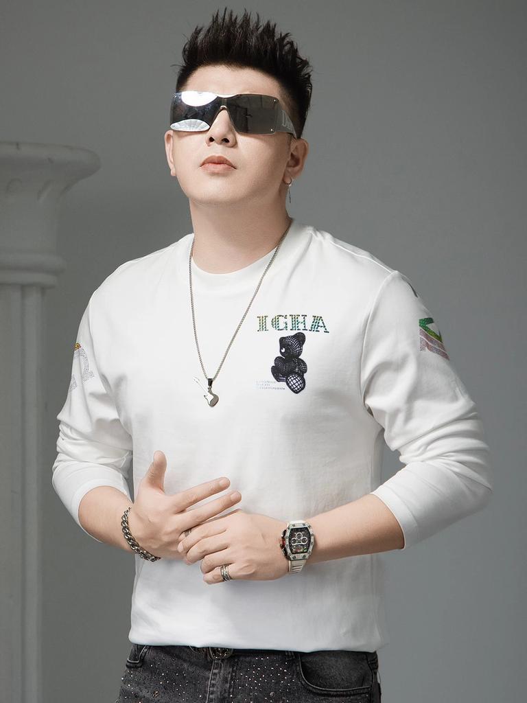 European Style Round Neck Long Sleeve T-Shirt for Men, Spring 2026 New Pullover Base Shirt, Trendy Bear Print Tee
