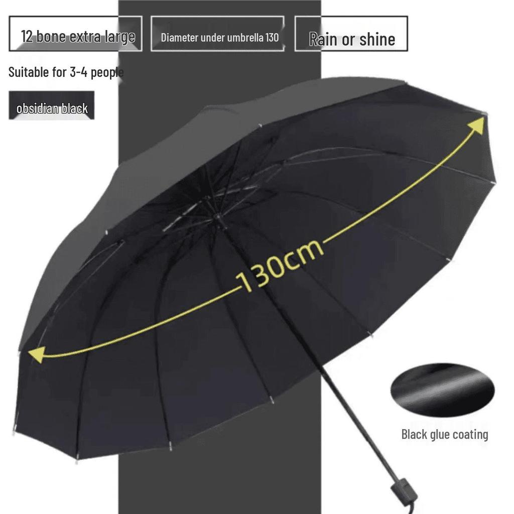 12-ribbigt 1,3 m dubbelanvändnings paraply för sol/regn med förstärkt hopfällbar design