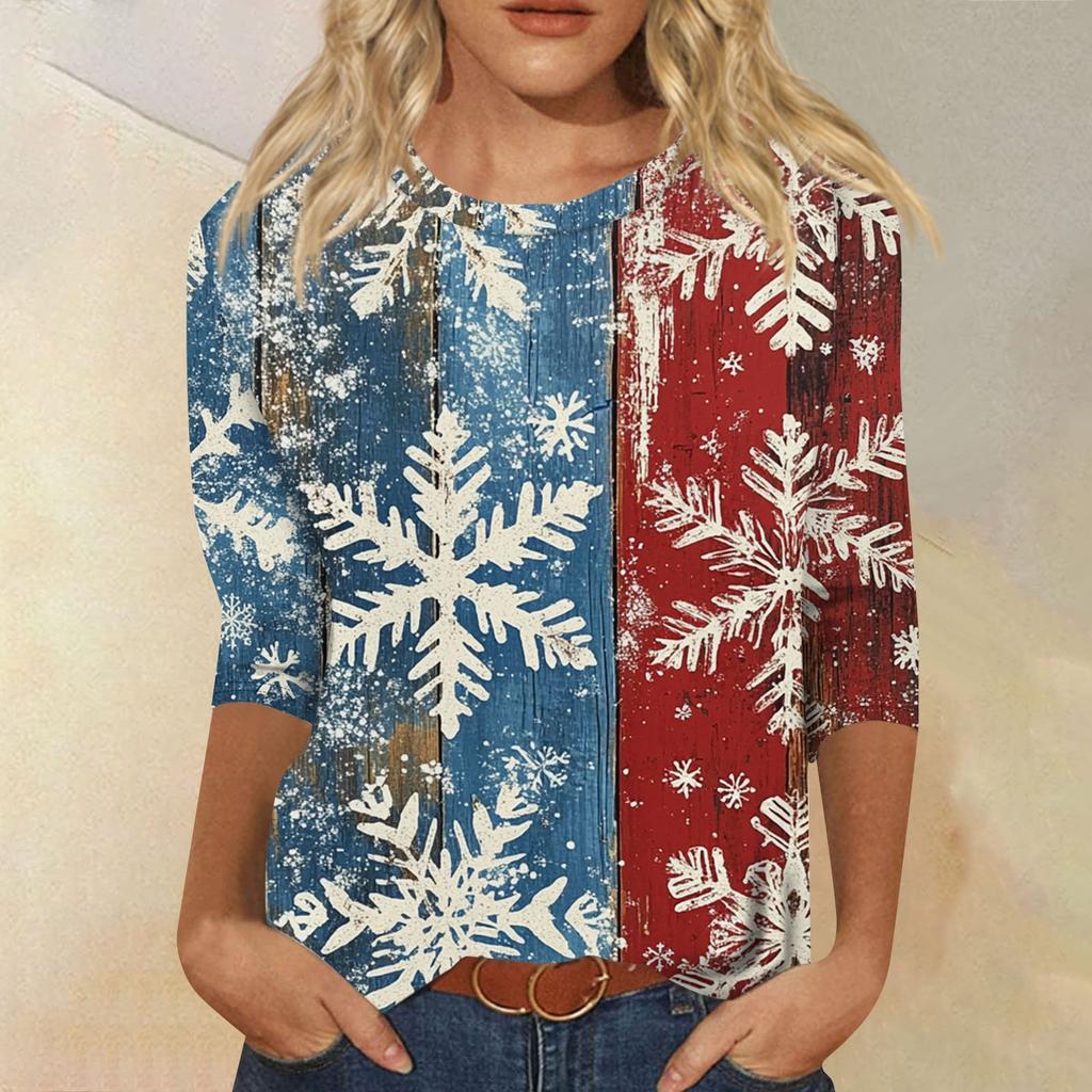 Damenmode, lässiges Oberteil mit sieben Ärmeln und Weihnachtsdruck, Rundhalsausschnitt