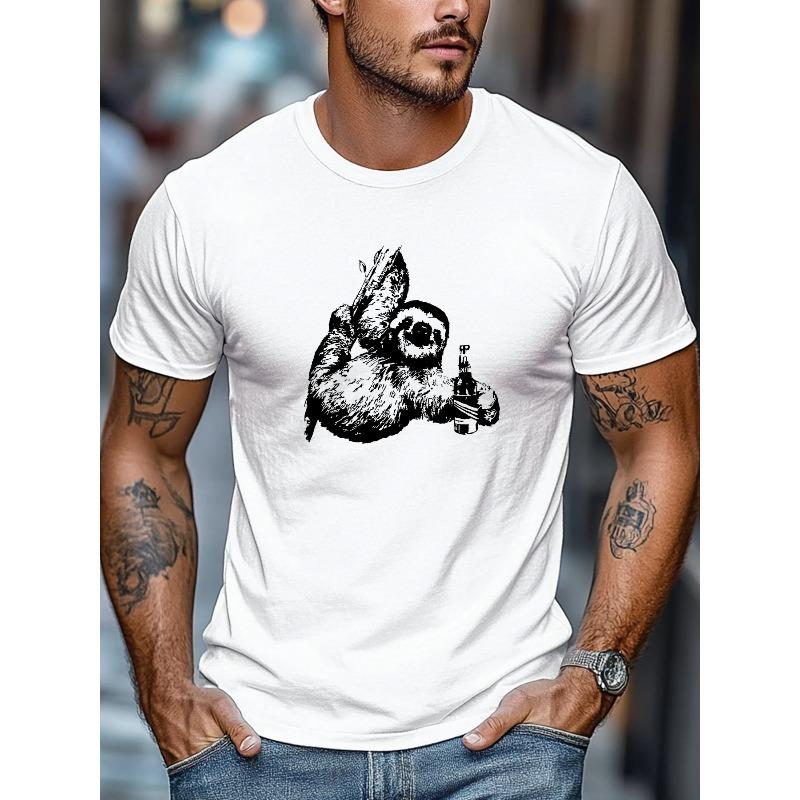Plus-size Men's T-shirt, Simple and Clean, Minimalist and Stylish, Men's Sloth Holding a Bottle Graphic Summer Casual Crew Neck Short Sleeve T-shirt