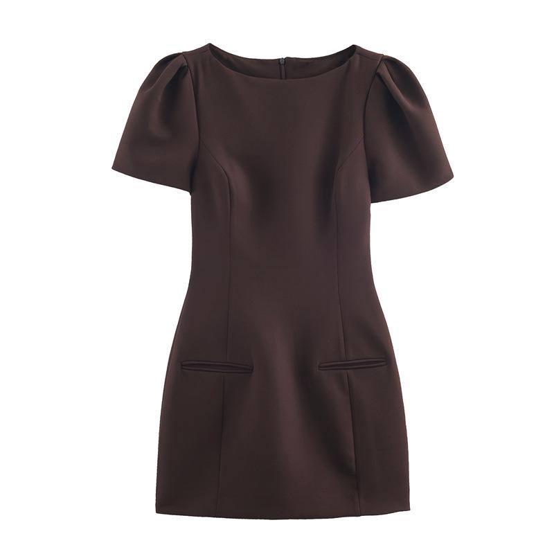 French Bubble Sleeve Sexy Waist-cinching Pleated Dress - Solid Color Short Skirt, European American Style