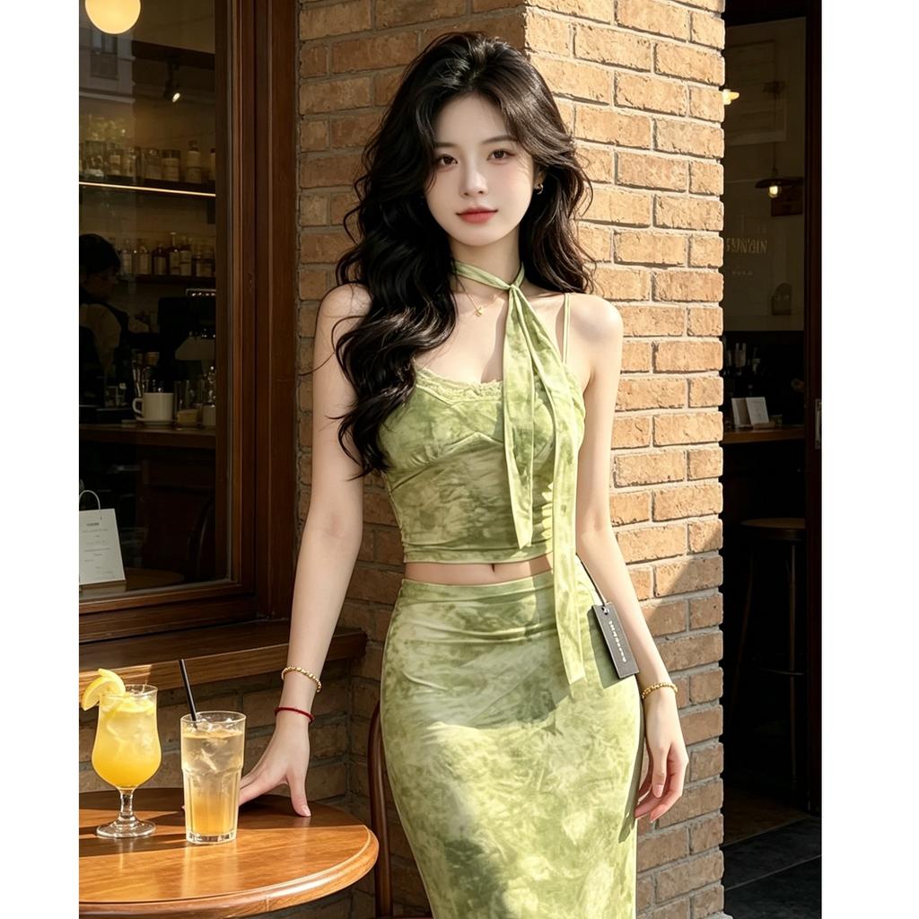 French Green Tie-dye Jacquard Spice Girl Suit Retro Suspender Top Skirt Hip-wrapped Long Skirt Women's Suit