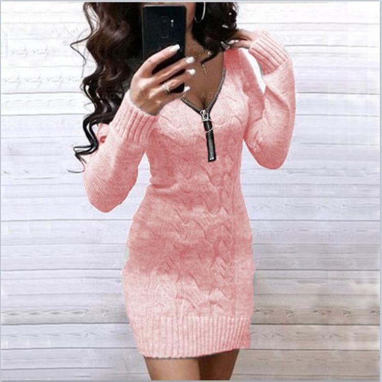 New Women's V-neck Zipper Knit Cardigan Sweater Dress