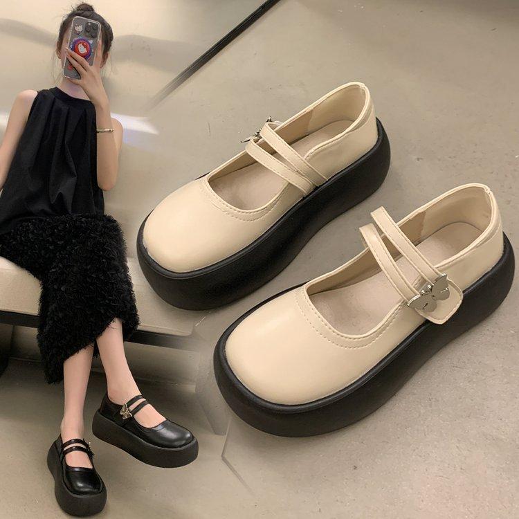 Pantofi Negri cu Cap Mare și Talpă Groasă Femei Vară și Toamnă Înălțați Pantofi Simpli Mary Jane la Modă și Confortabili