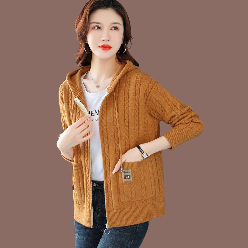 Women's Spring and Fall Short Knitted Jacket Female Middle-aged and Elderly Loose Thickened Knit Sweater Hooded Coat Blouse