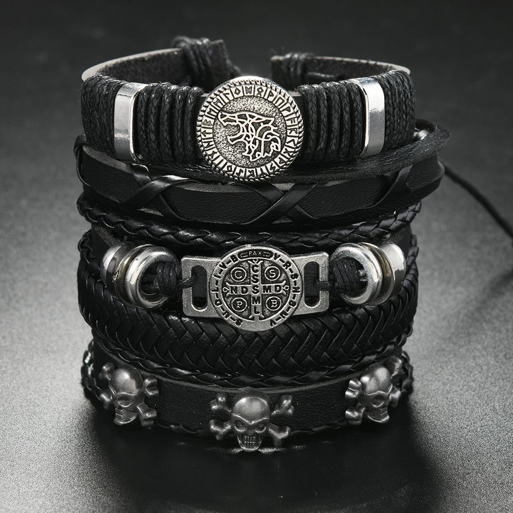 Cross-border New Punk Style Cross and Skull Bracelet, Men's Fashion Imitation Leather Wolf Head Accessories