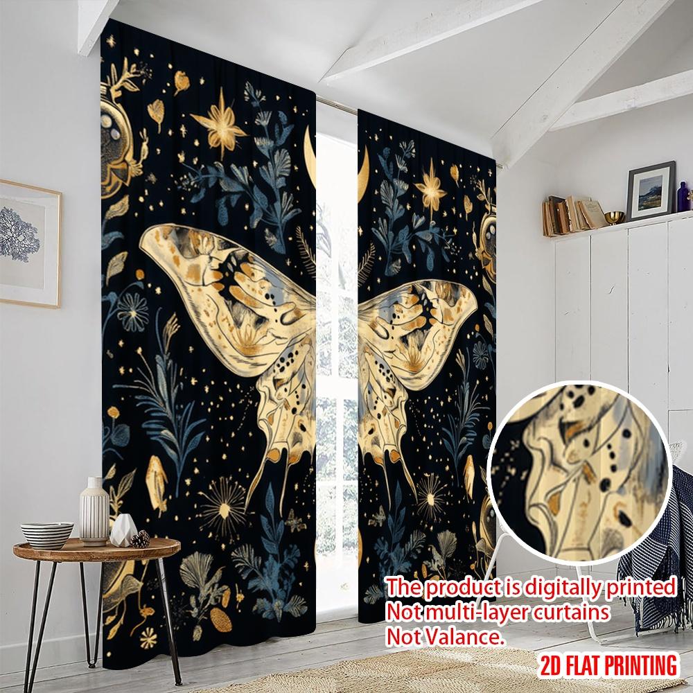 2pcs,2D plane printing Curtain Popular Moonlit Mothscape Durable Polyester (without rod) Decorations Inside Use for Bedroom &