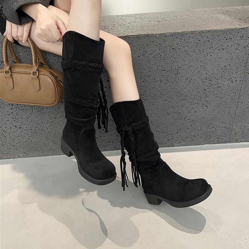 Retro Western Cowboy Boots Women's 2025 Spring and Autumn New Long Boots Thick-soled Heightening Versatile High Boots