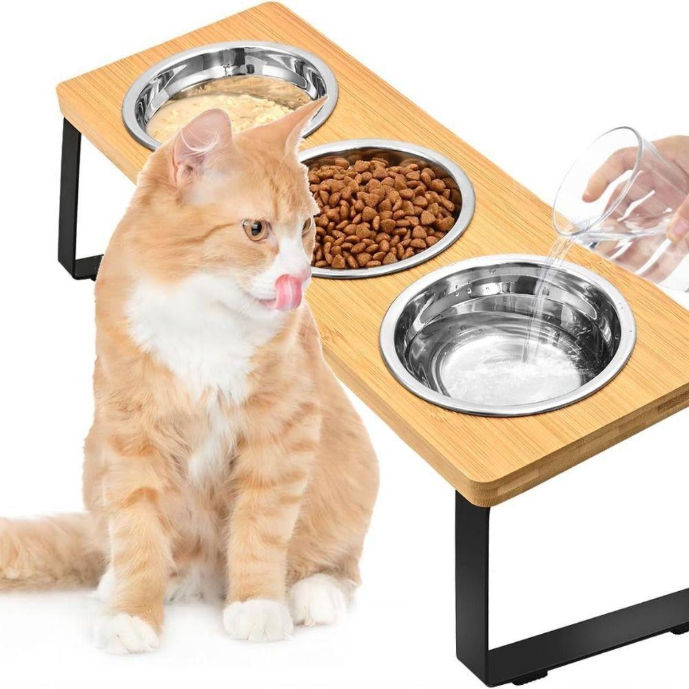 Anti-Leak Pet Feeder Non Slip Wood Dog Water Feeding Dish Cat Bowl Stand  Small to Medium Cats