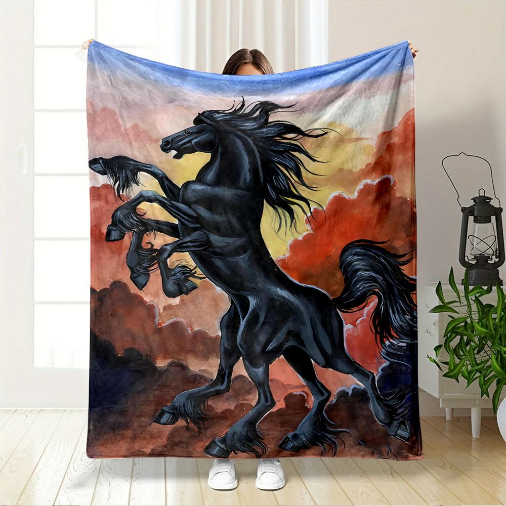 Majestic Black Stallion in Fiery Sunset Flannel blanket for bedroom, living room, sofa, and nap sofas.