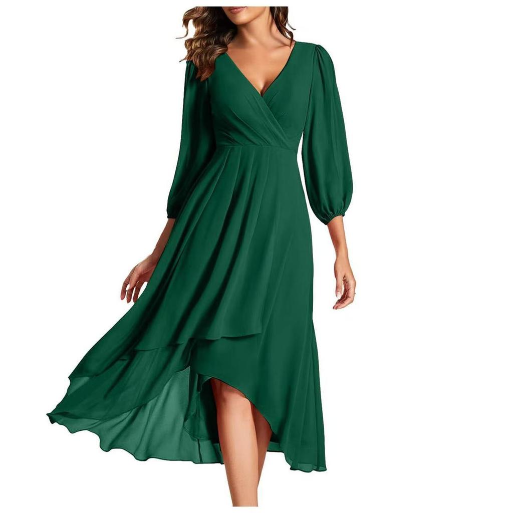 Women V Neck Long Sleeve Wrap Maxi Dress Elegant Chiffon High Low Asymmetric Hem Party Gown