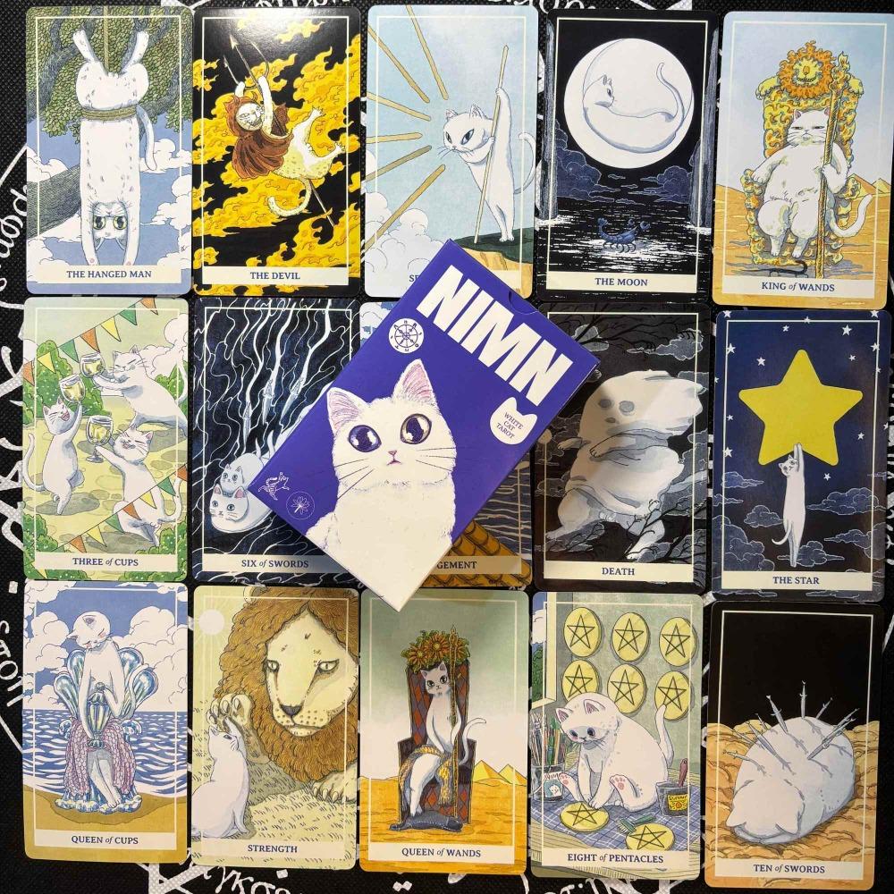 NIMN White Cat Tarot for Cat Lovers, Cute 78-Card Tarot Deck, 10.3*6cm Whimsical Watercolor Feline Kawaii Tarot