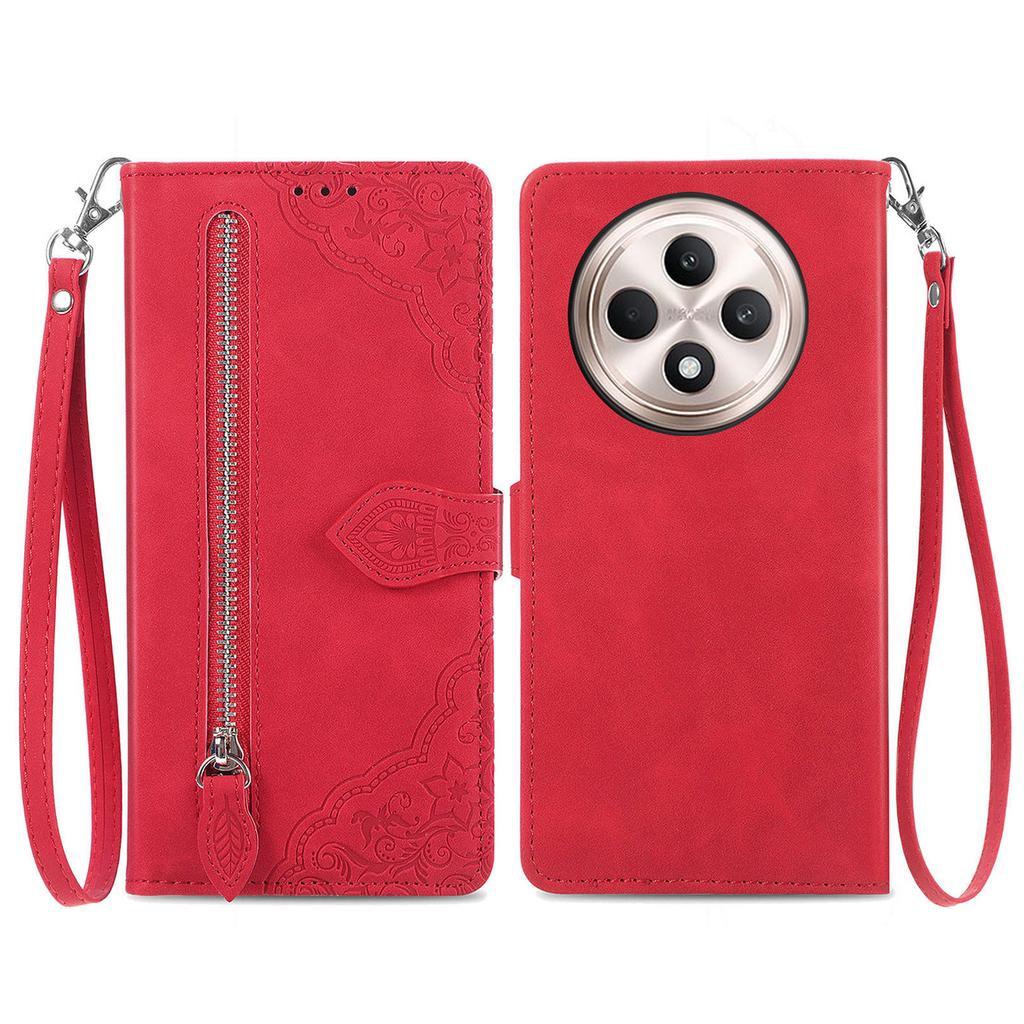 For Oppo Reno12 F 5G Zipper Wallet Case with Strap Flower Imprint PU Leather Phone Cover