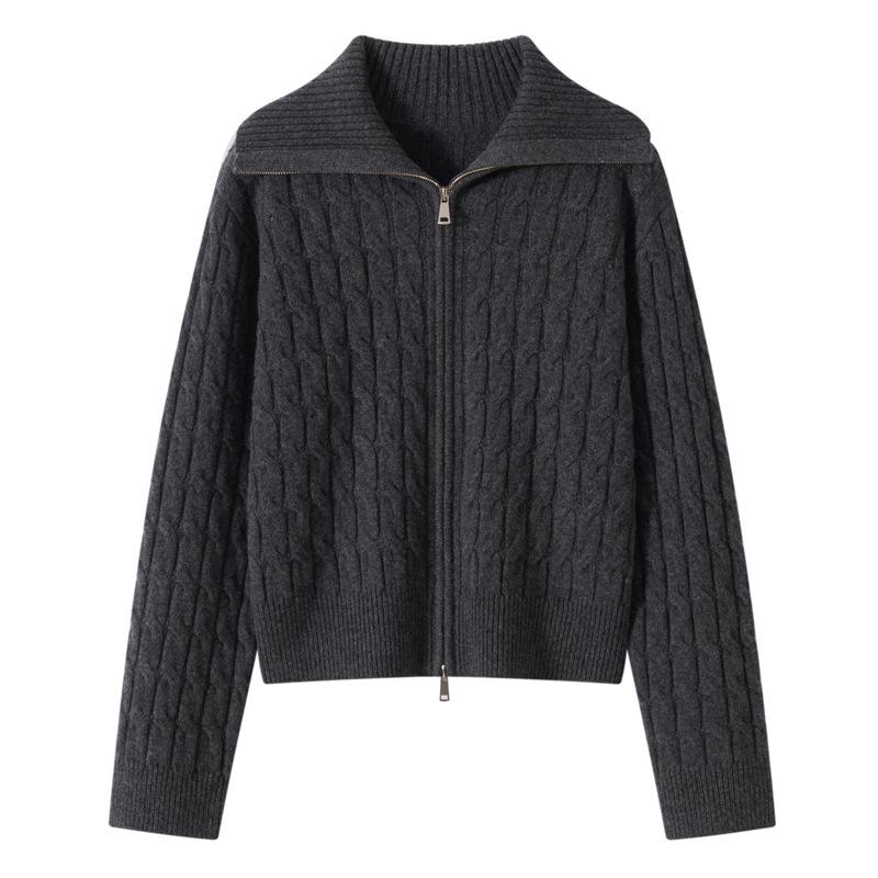 Women's Retro Cable Knit Wool Coat with Double Zipper & Lapel, Thick Knit Long Sleeve for Autumn & Winter