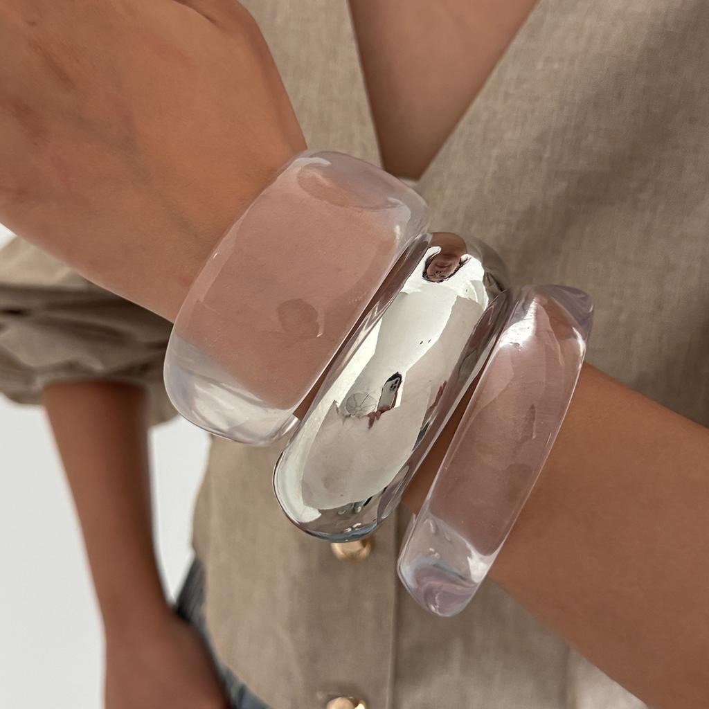 Pulsera Ancha Transparente Acrílica Simple de Moda INS Metal Brillante Brazalete Redondo para Mujer