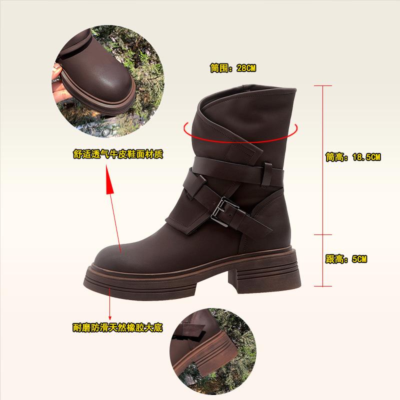 New spot short boots women's 2025 autumn and winter new inner height increase Martin boots women's boots retro belt buckle thick heel western
