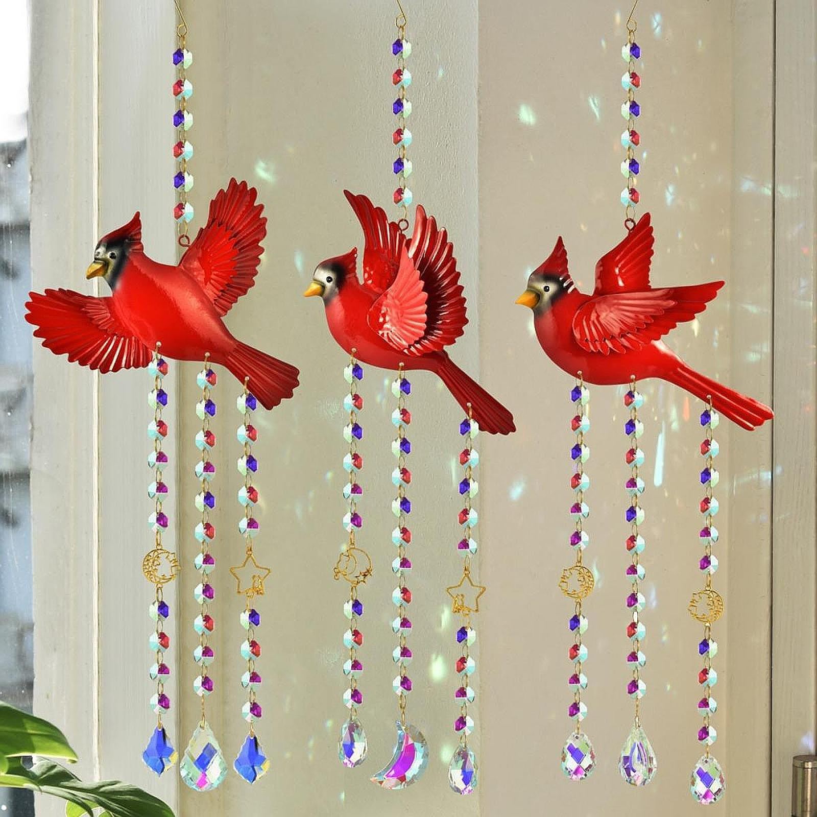 

Cardinal Bird Wind Chime 60cm Hanging Decor with Glass Pendants for Garden Style C
