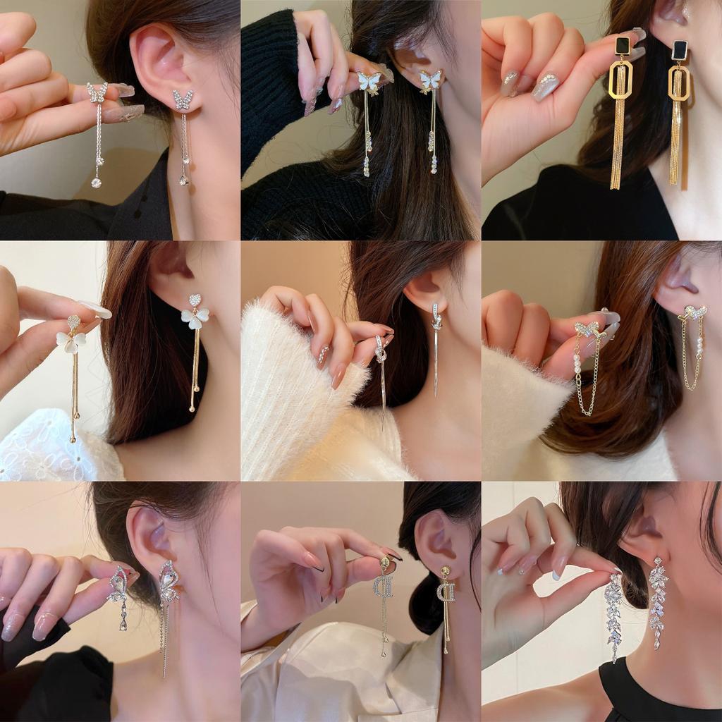 Brincos de Borla Pérola Sense Premium Agulha de Prata Celebridade Elegante Moda Brincos de Temperamento Brincos Longos de Diamante Flash de Luxo Leve Mulheres