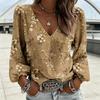 Top da Donna Stampa Floreale Retrò Manica Lunga a Palloncino Scollo a V Vestibilità Larga Blusa Casual Traspirante per Uso Quotidiano