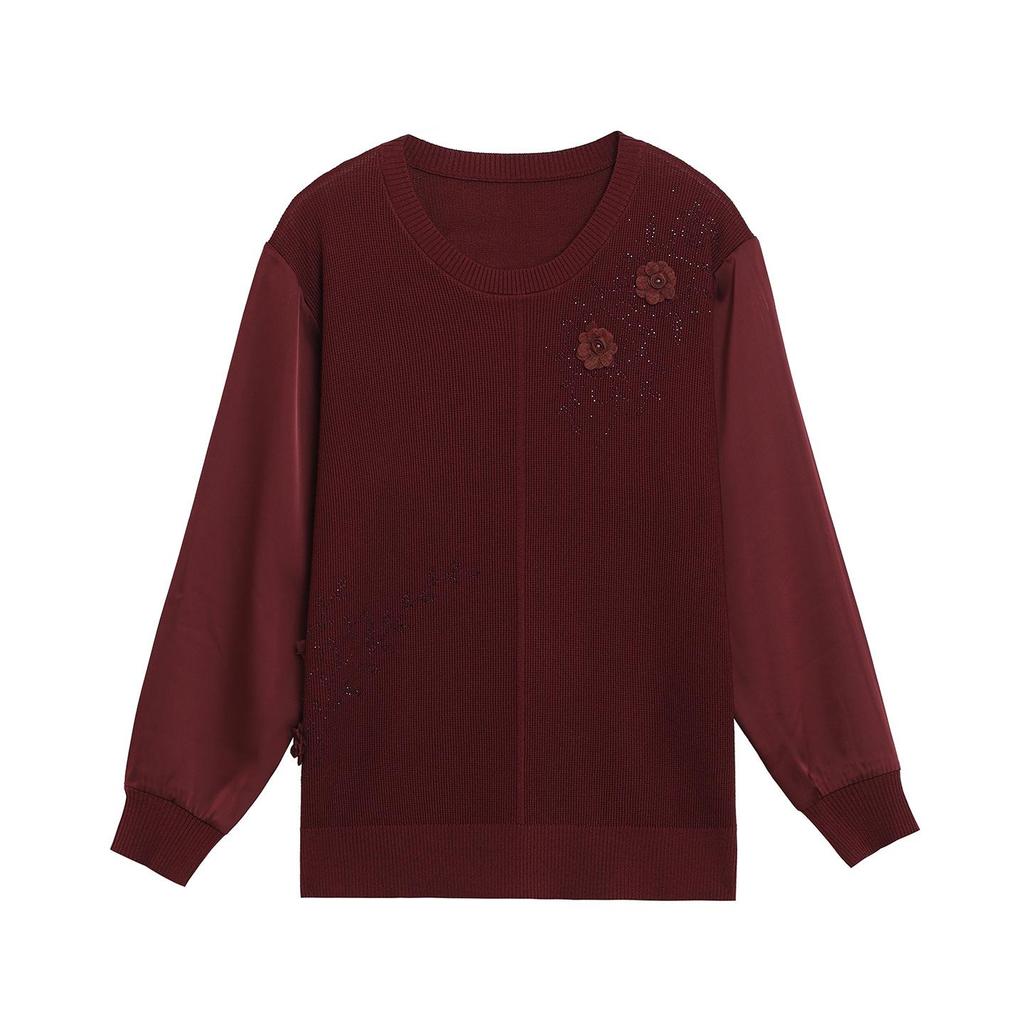 Mom's Gauze Sleeve Long-Sleeve Knit Top for Middle-aged Women - Lightweight Spring/Autumn Wear