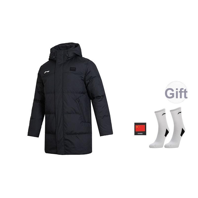 Li Ning Badminton Series Color Block Logo Mid-Length Down Jacket Men Outerwear Black AYMU341-1