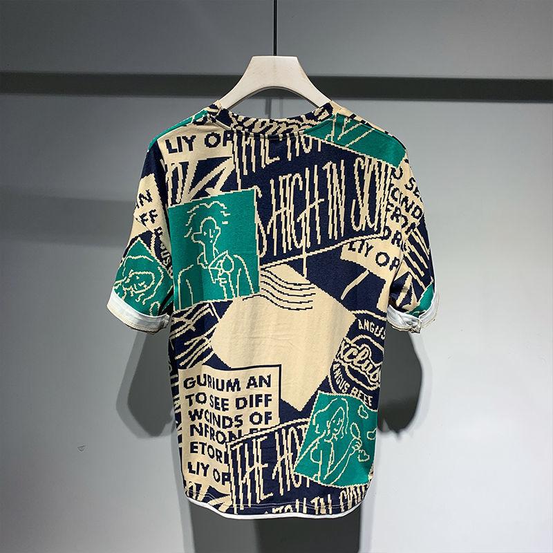 Lato Nowy Okrągły Dekolt Męski Modny Przystojny Kontrastowy Kolor Geometryczny Nadruk Litera Cienka Krótki Rękaw Casualowy T-shirt Top