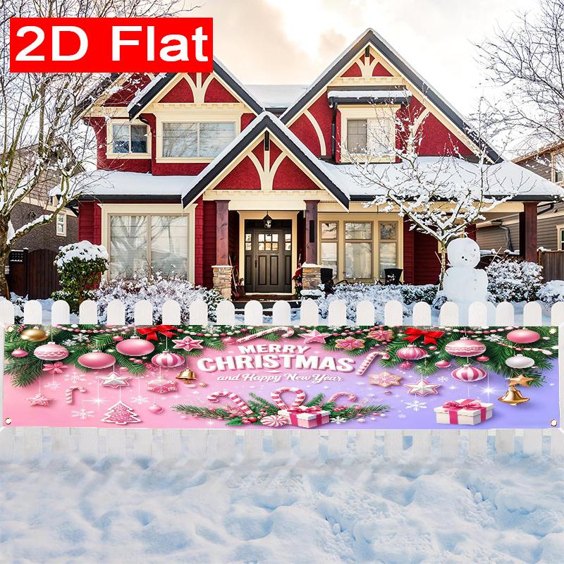 Pink Merry Christmas Banner, Holiday Design, Polyester Outdoor Wall Fence Yard Garage Garden Porch New Year Decoration