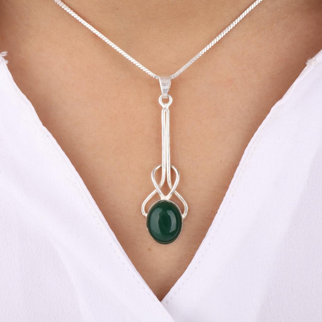Rare Green Onyx Cab Gemstone 925 Sterling Silver Jewelry Handmade Pendant 1.79" PP-60-37