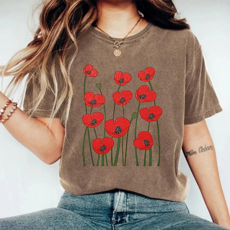 Camiseta de Verano Nueva Cómoda de Algodón Puro Lavado y Envejecido de Manga Corta y Cuello Redondo Floral