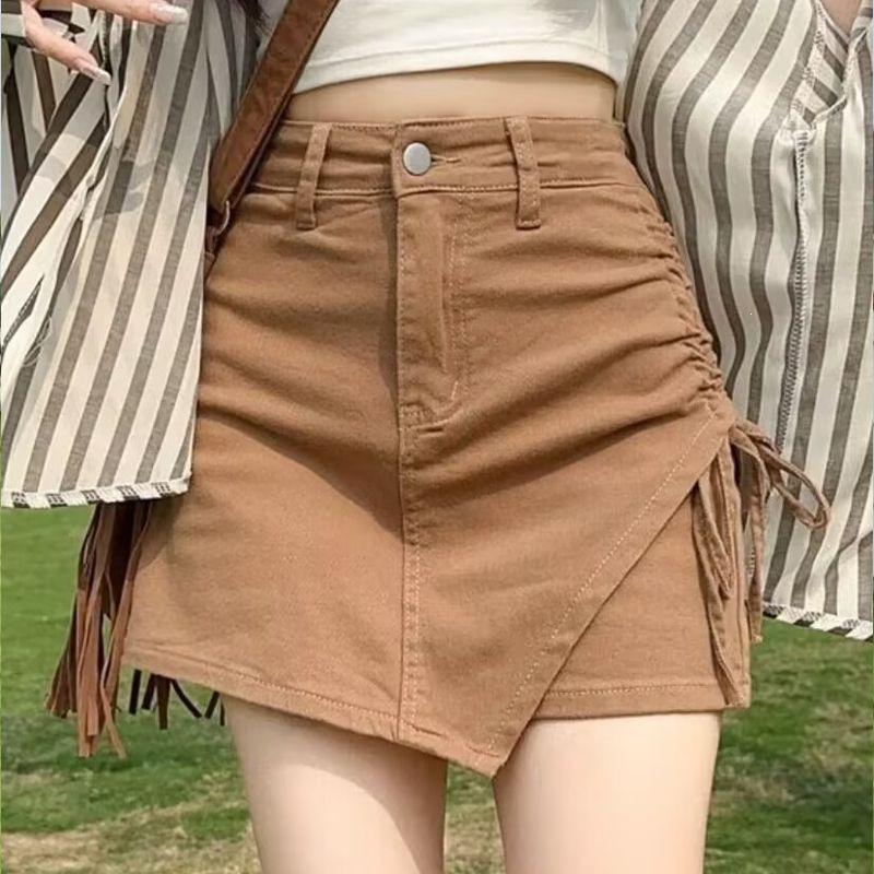 Khaki Skirt Children 2026 Spring and Summer Elastic Design Short Skirt Irregular Drawstring Jeans Skirt Fashion Feminine-inspired Casual Skort