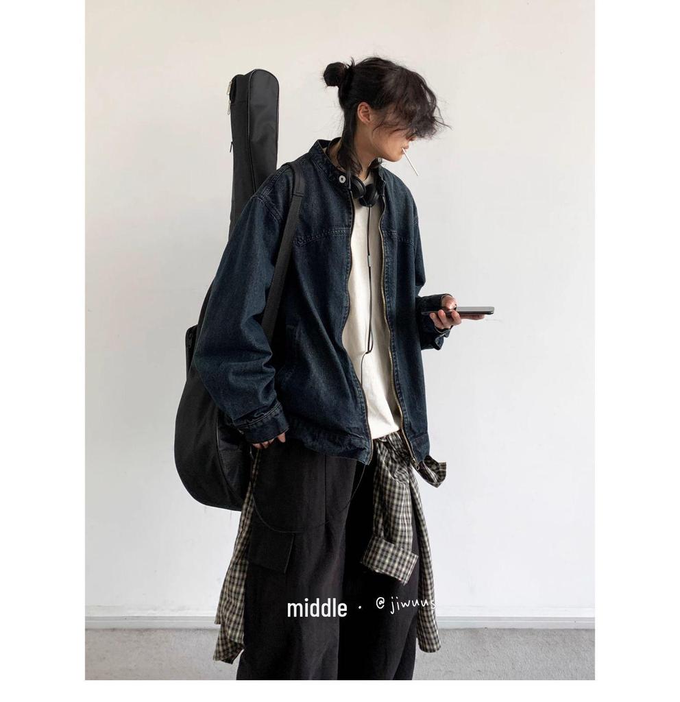 Pánská japonská retro distressed džínová bunda na jaro a podzim - Ležérní, volný střih pro páry