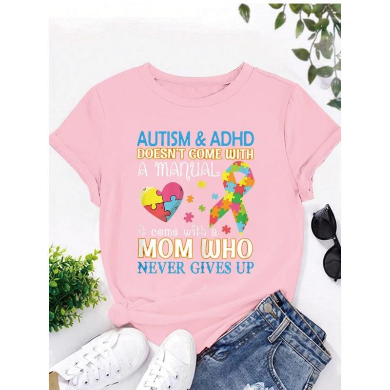 Autism Adhd Doesn't Come with Manual It Come with A Mom T-Shirt Fashion Clothing Funny Gift T-Shirt Round Neck Summer Tshirt