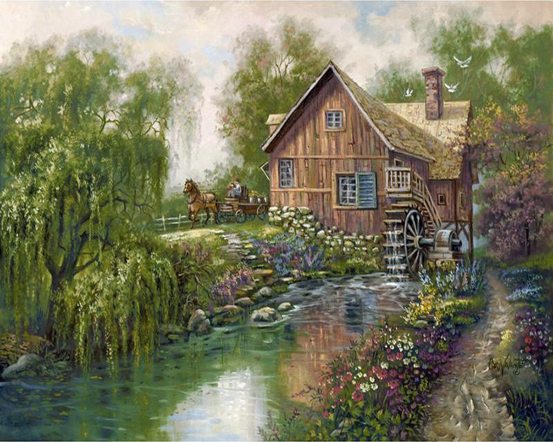 5D DIY Diamond Painting New Landscape Spring Rural House Diamond Embroidery Cross Stitch Flower Branches Dog Animal Rhinestones Mosaic Home Decor
