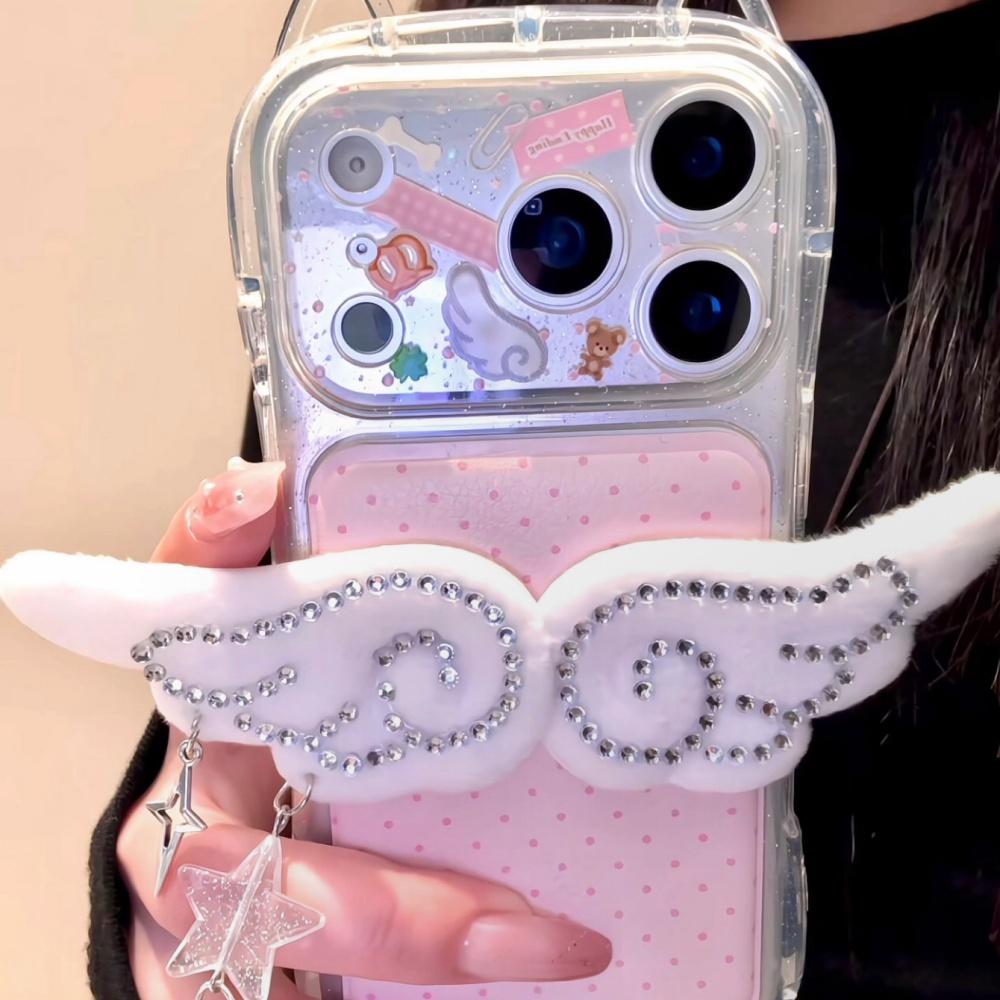 ins girl heart plush angel wings for apple 17 mobile phone case 17promax new iphone16pro women's 15 leather hard case