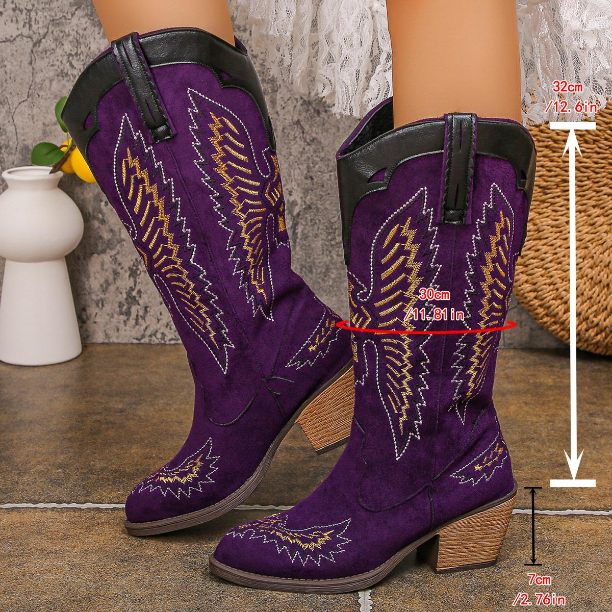 

Fashion Fashion Embroidered Cowboy Boots for Women Faux Suede Chunky Heel Mid Calf Botas Mujer 2025 Pointed Toe Slip On Western Boots 36 фиолетовый