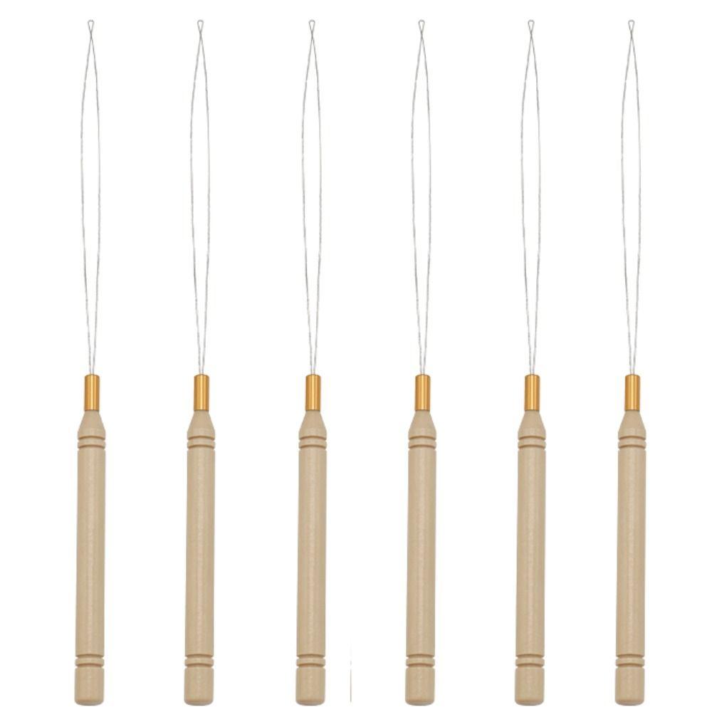 5pcs/set Metal Threader Pulling Needle Wooden Handle Hair Extensions Loop  for Making Wigs