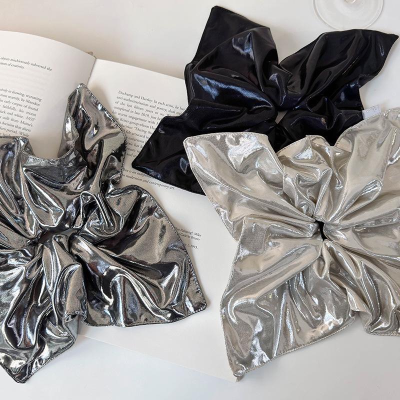 21cm Oversize Metallic Black Silver Hair Scrunchies Faux Leather Square Elastic Hair Bands Women Girls Accessories Hair Ties