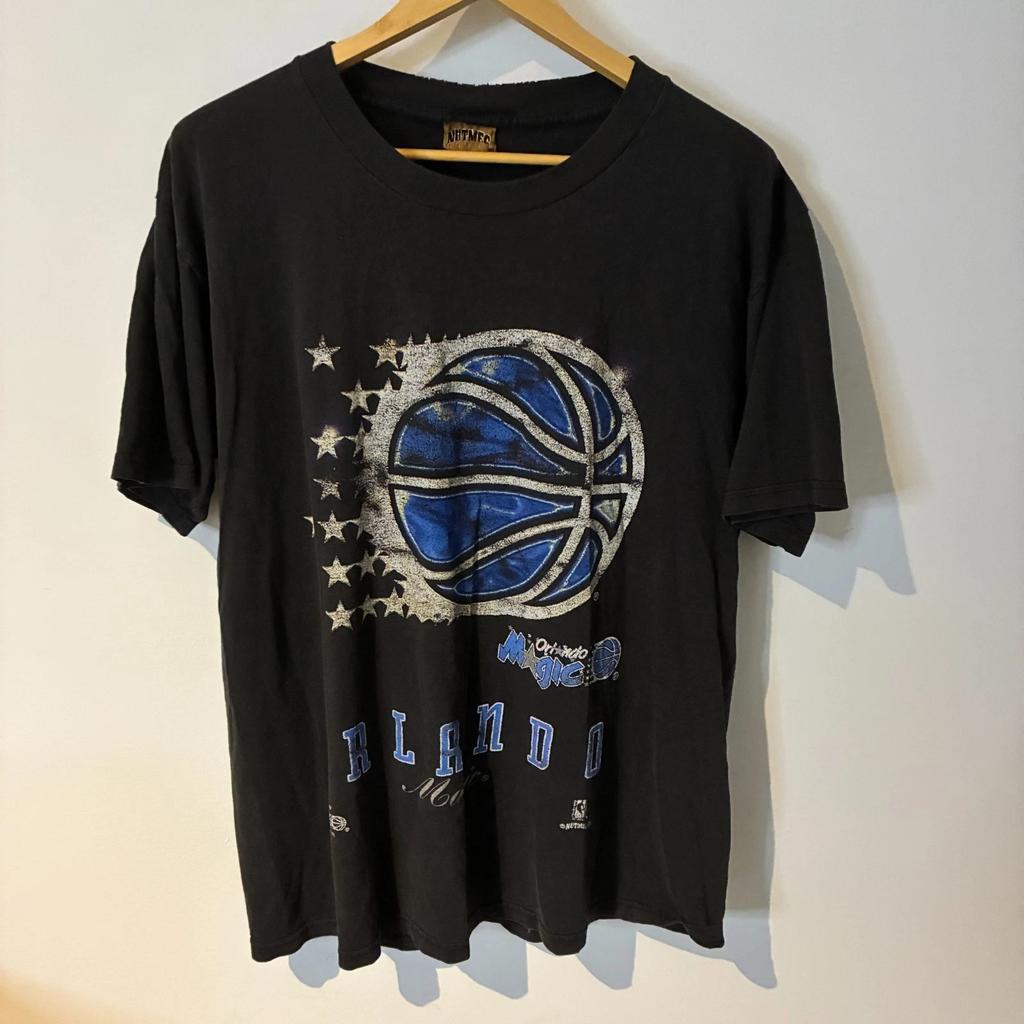 Vintage Nutmeg Mills Orlando Magic Shirt Large Black Made In USA NBA Distressed