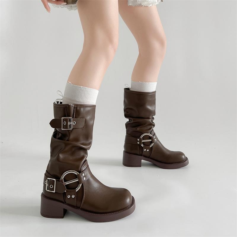 Thick Heel Women Mid Calf Boots Fashion Buckle Decoration Shoes Autumn Winter Ladies Western Cowboy Boots