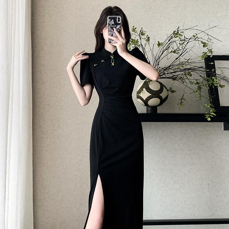 

Летнее новое простое эластичное облегающее платье-макси с разрезом и облегающее бедра S чёрный