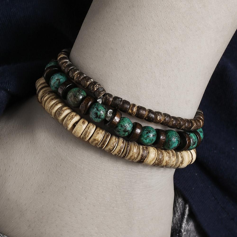 Mehrschichtiges, stapelbares Armband-Set aus Holzperlen für Damen und Herren im handgefertigten afrikanischen Türkis-Stil