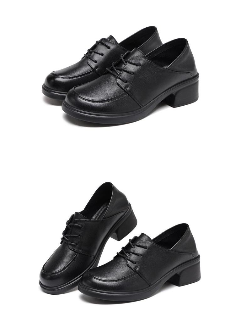 Genuine Leather Women's Chunky Heel Round Toe Shoes - Autumn Non-Slip & Comfortable Mom Shoes with Soft Mid Sole