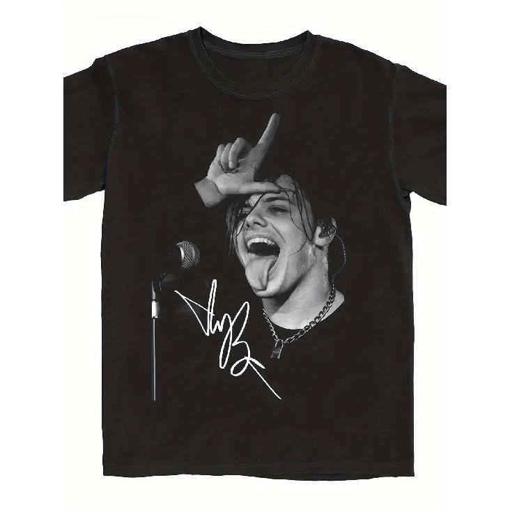 Yungblud Signature Idols World Tour 2025 Official Merch T-Shirt - Iconic Stage Photo & Autograph Signature Music Tee, Retro Concert Shirt with Hot S чёрный