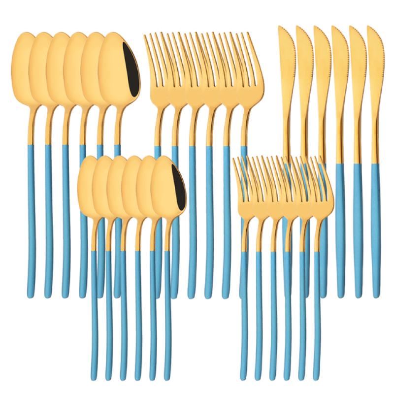 White Gold 30Pcs Dinnerware Set Knife Dessert Fork Spoon Tableware Cutlery Set 18/10 Stainless Steel Flatware Silverware Sets