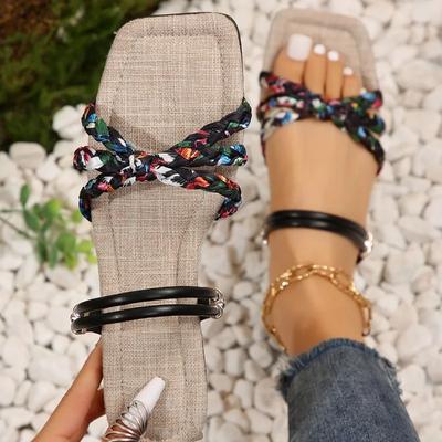 Fashion Women's Braided Detail Flat Slide Sandals, Square Open Toe Two-way Wear Summer Shoes, Fashion Outdoor Beach Sandals