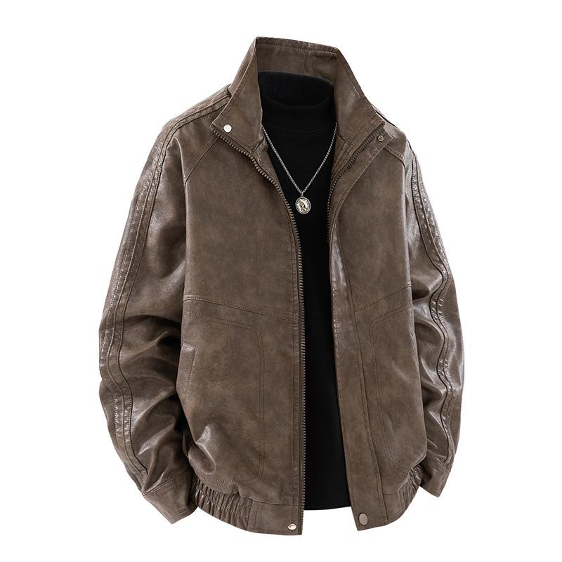 Spring and Autumn Men's Korean Version Slim Fit Lapel Casual Youth Leather Jacket Slim Fit Motorcycle Suit Windproof Leather Jacket