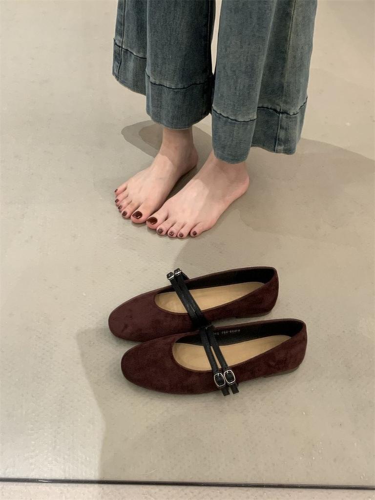 French ballet style one-word buckle single shoes women's shoes 2025 spring and autumn round head Mary Jane shoes suede versatile flats